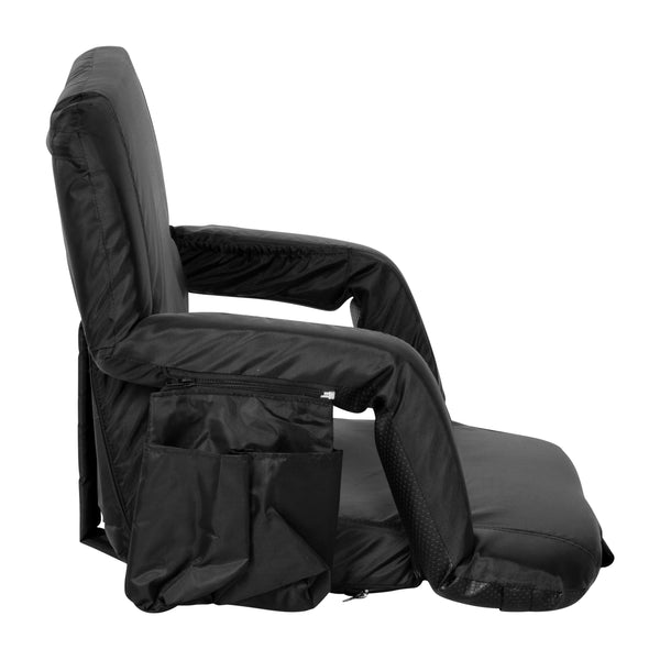 Black |#| Extra Wide Black Reclining Backpack Stadium Chair with Armrests & Storge Pockets