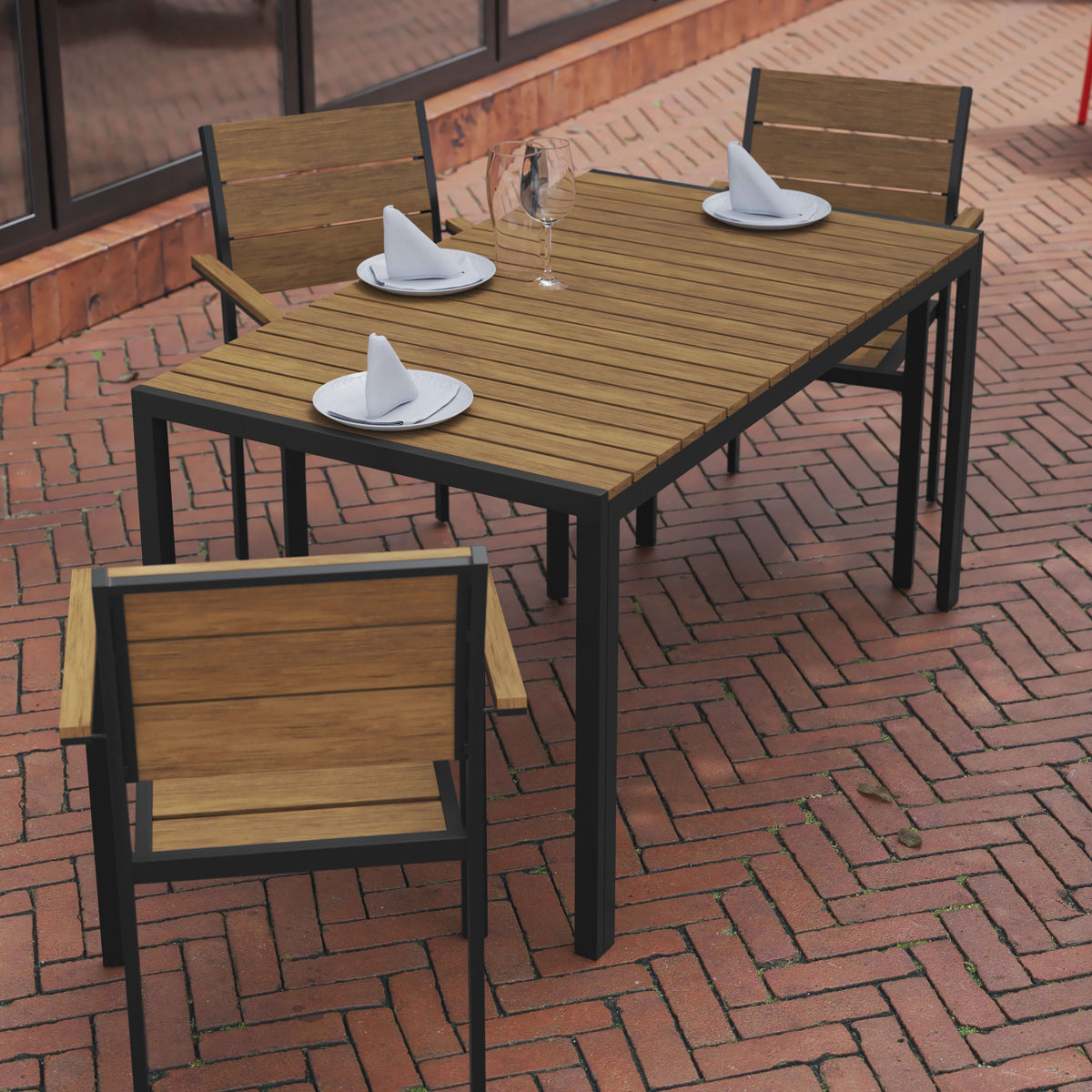 Natural |#| Commercial 55 x 31 Faux Teak Outdoor Patio Table - Natural/Gray