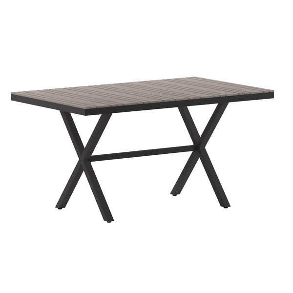 Gray |#| Commercial 59 x 35.5 Cross Frame Faux Teak Outdoor Patio Table - Gray/Gray