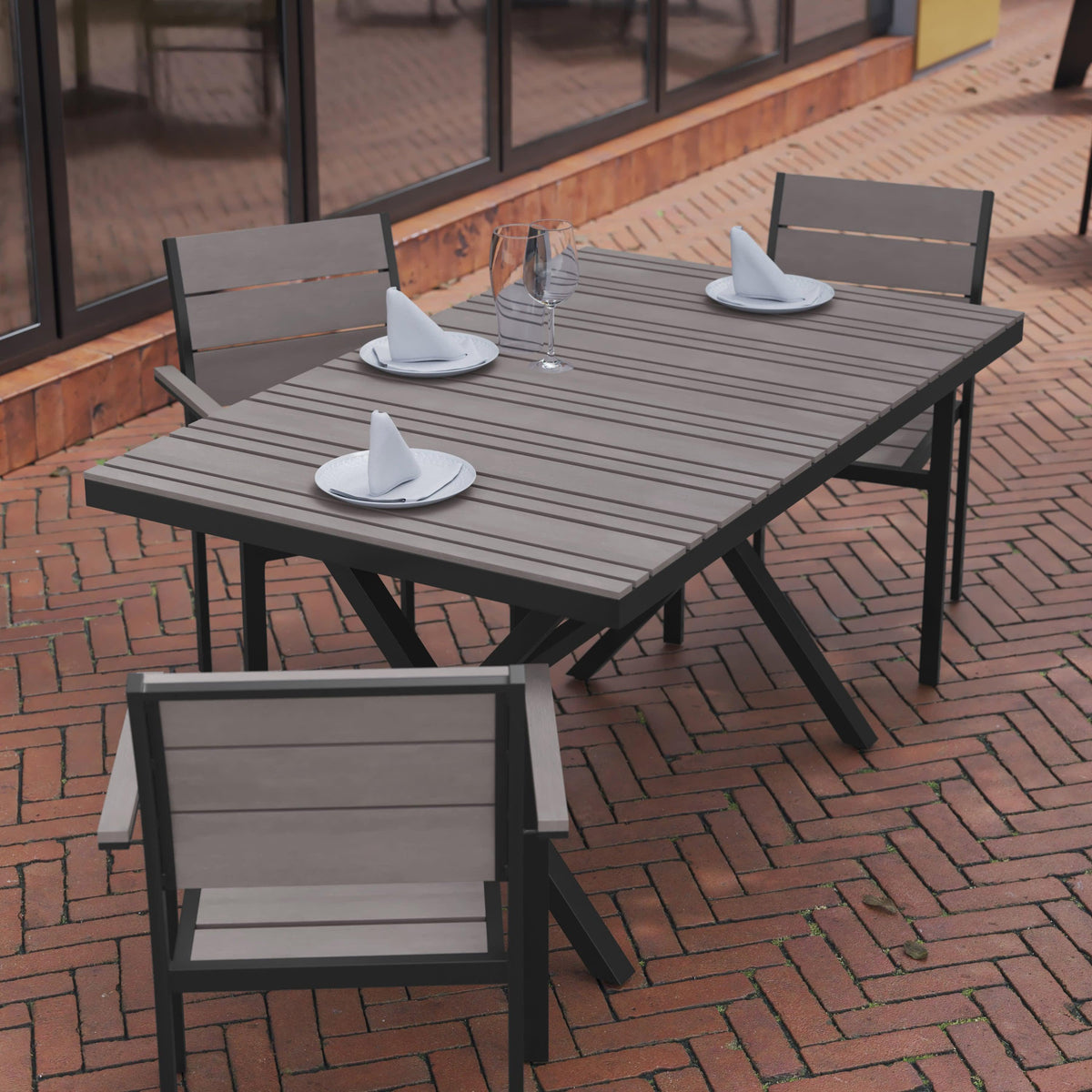 Gray |#| Commercial 59 x 35.5 Cross Frame Faux Teak Outdoor Patio Table - Gray/Gray