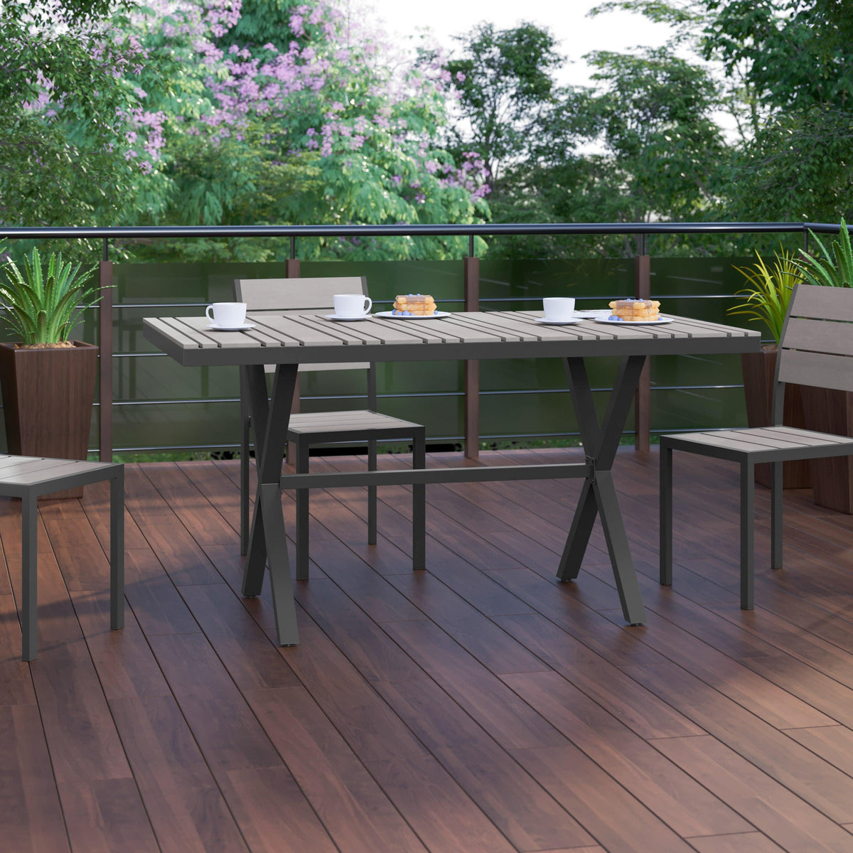 Gray |#| Commercial 59 x 35.5 Cross Frame Faux Teak Outdoor Patio Table - Gray/Gray