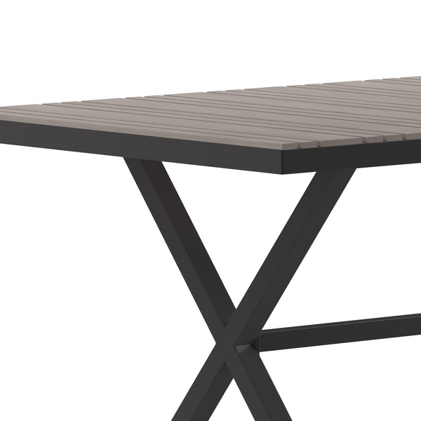 Gray |#| Commercial 59 x 35.5 Cross Frame Faux Teak Outdoor Patio Table - Gray/Gray