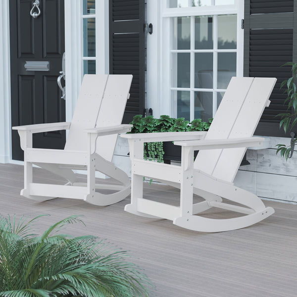 White |#| Indoor/Outdoor modern 2-Slat Adirondack Poly Resin Rockers in White - Set of 2