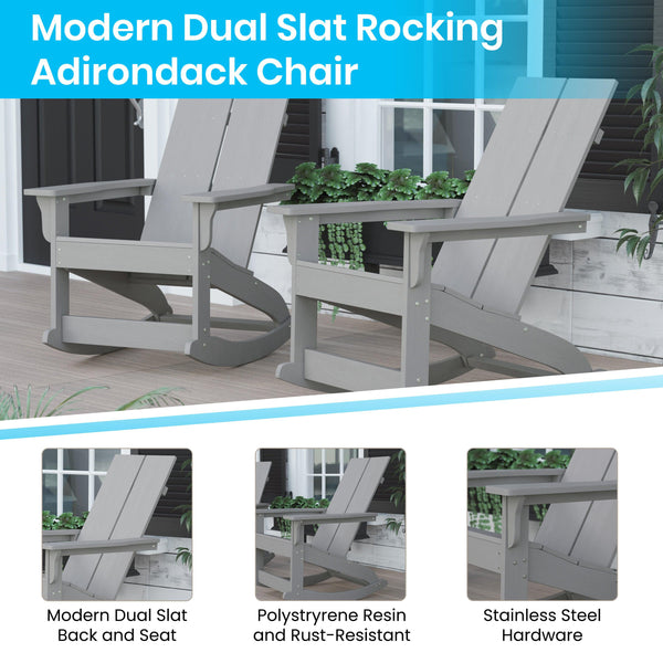 Gray |#| Indoor/Outdoor modern 2-Slat Adirondack Poly Resin Rockers in Gray - Set of 2