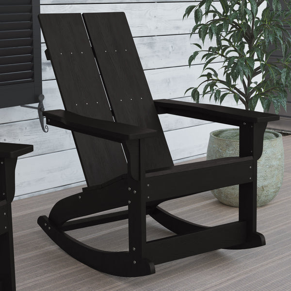 Black |#| Indoor/Outdoor modern 2-Slat Adirondack Poly Resin Rockers in Black - Set of 2