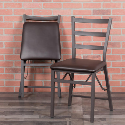 Folding Ladder Back Metal Chair with Vinyl Seat - View 2