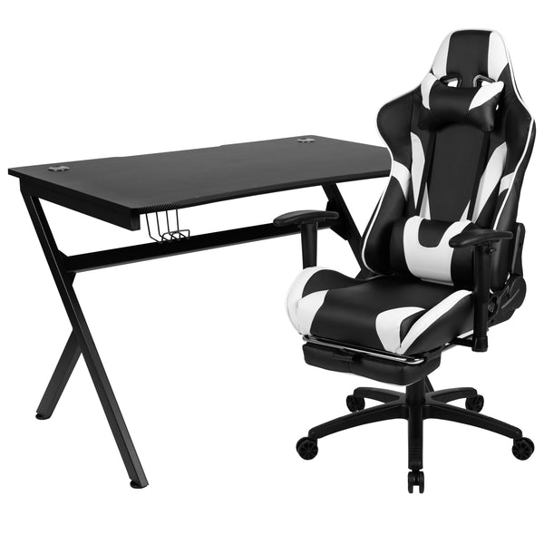 Black |#| Black/Black Gaming Desk Set - Cup/Headset Holder/Reclining & Footrest