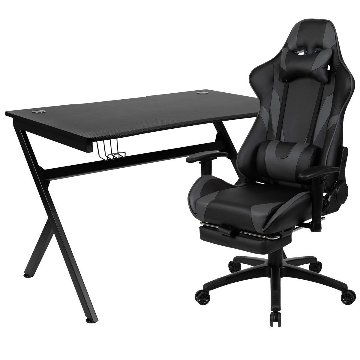 Gray |#| Black/Gray Gaming Desk Set - Cup/Headset Holder/Reclining & Footrest