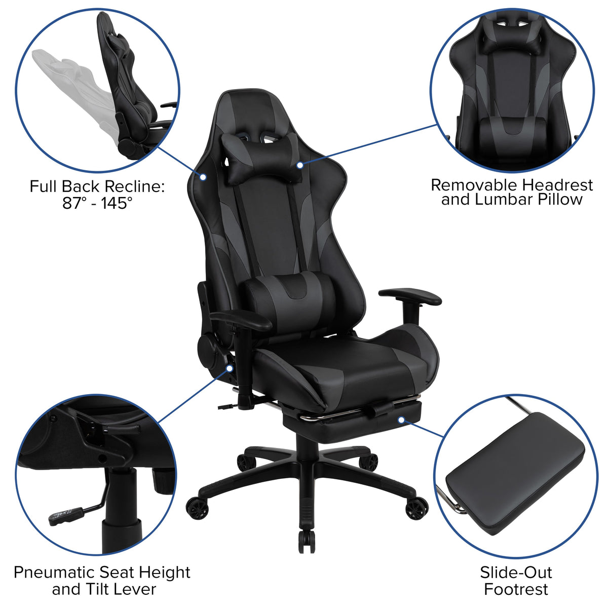 Gray |#| Black/Gray Gaming Desk Set - Cup/Headset Holder/Reclining & Footrest