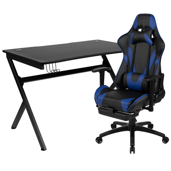 Blue |#| Black/Blue Gaming Desk Set - Cup/Headset Holder/Reclining & Footrest