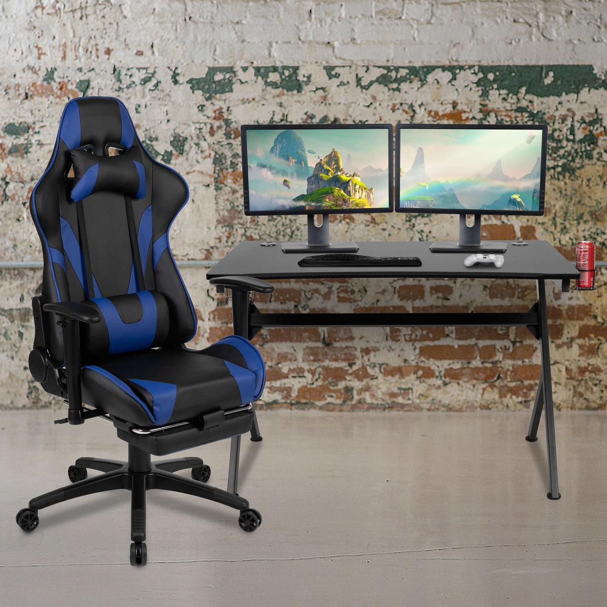 Blue |#| Black/Blue Gaming Desk Set - Cup/Headset Holder/Reclining & Footrest