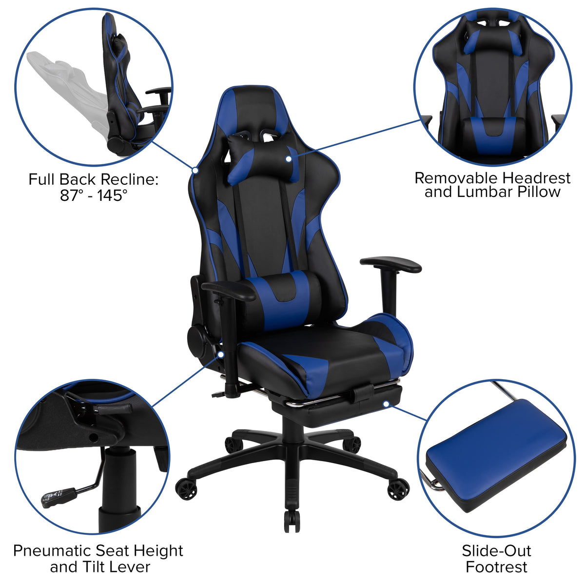 Blue |#| Black/Blue Gaming Desk Set - Cup/Headset Holder/Reclining & Footrest