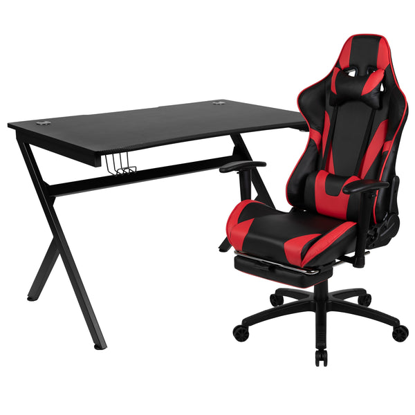 Red |#| Black/Red Gaming Desk Set - Cup/Headset Holder/Reclining & Footrest