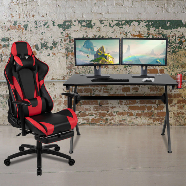 Red |#| Black/Red Gaming Desk Set - Cup/Headset Holder/Reclining & Footrest