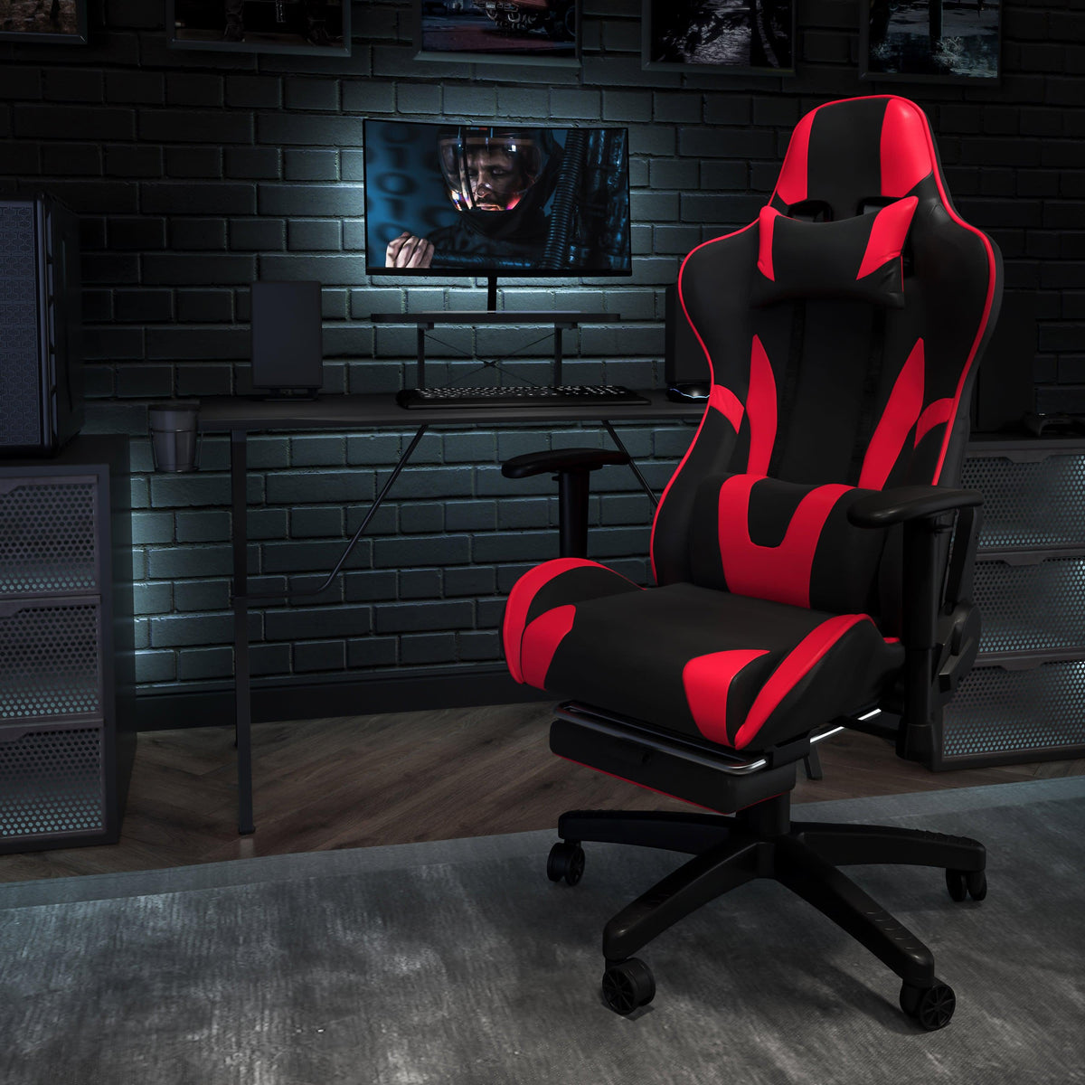 Red |#| Black Gaming Desk & Chair Set with Cup Holder, Headphone Hook, and Monitor Stand