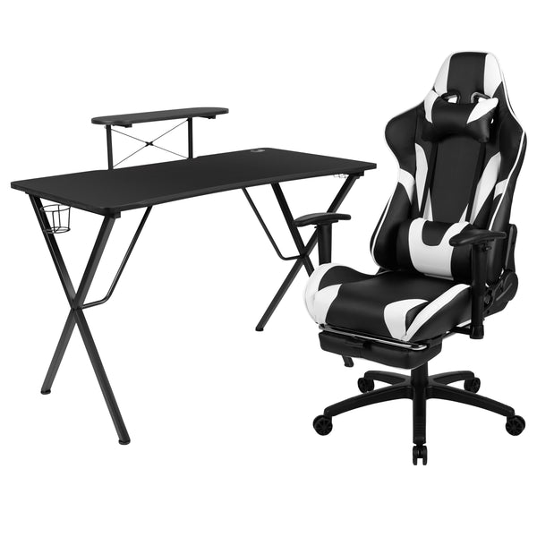 Black |#| Black Gaming Desk & Chair Set with Cup Holder, Headphone Hook, and Monitor Stand