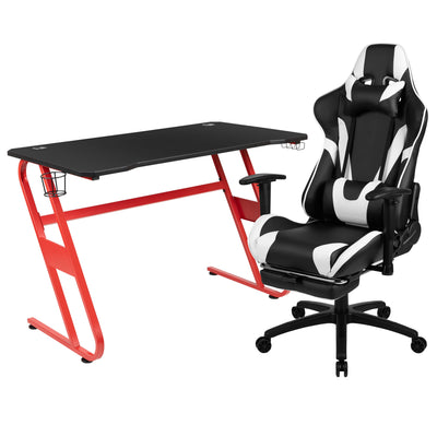 Gaming Desk and Footrest Reclining Gaming Chair Set with Cup Holder and Headphone Hook