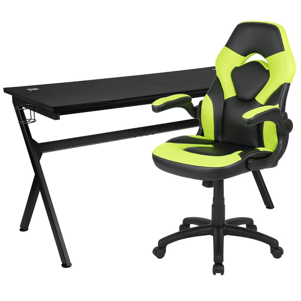 Green |#| Black/Green Gaming Desk Bundle - Cup & Headphone Holders/Mouse Pad Top