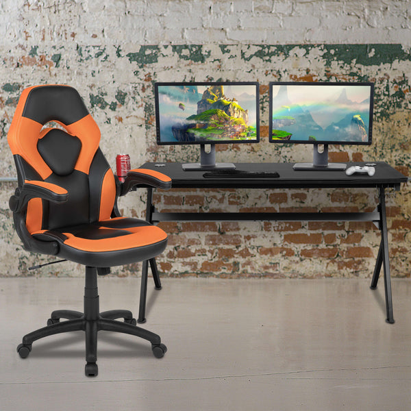 Orange |#| Black/Orange Gaming Desk Bundle - Cup & Headphone Holders/Mouse Pad Top