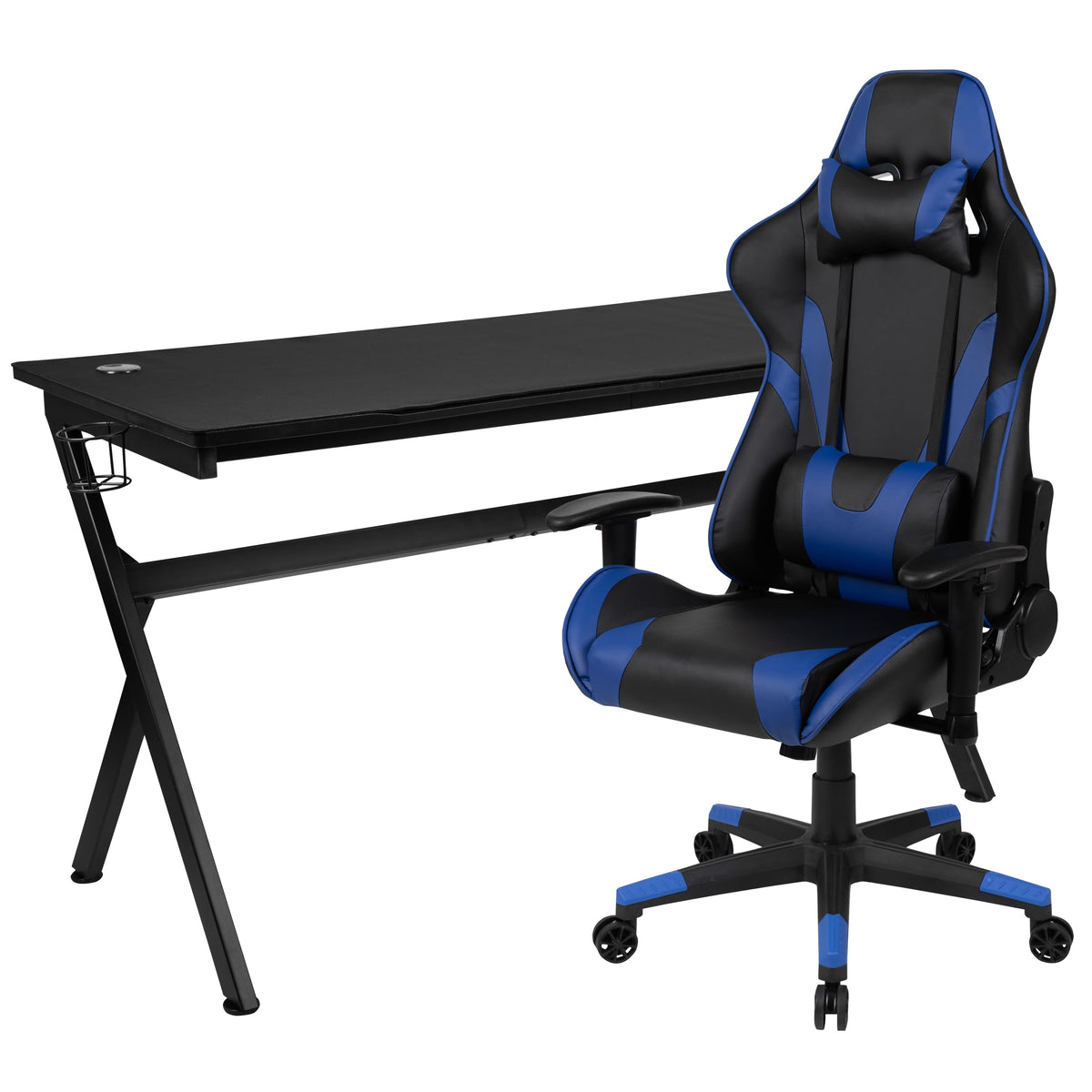 Blue |#| Black/Blue Gaming Desk Bundle - Cup/Headset Holder/Mouse Pad Top