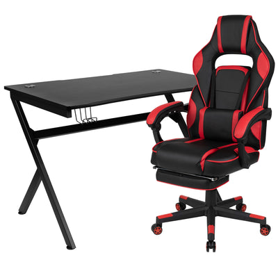 Gaming Desk with Cup Holder/Headphone Hook/2 Wire Management Holes & Reclining Back/Arms Gaming Chair with Footrest