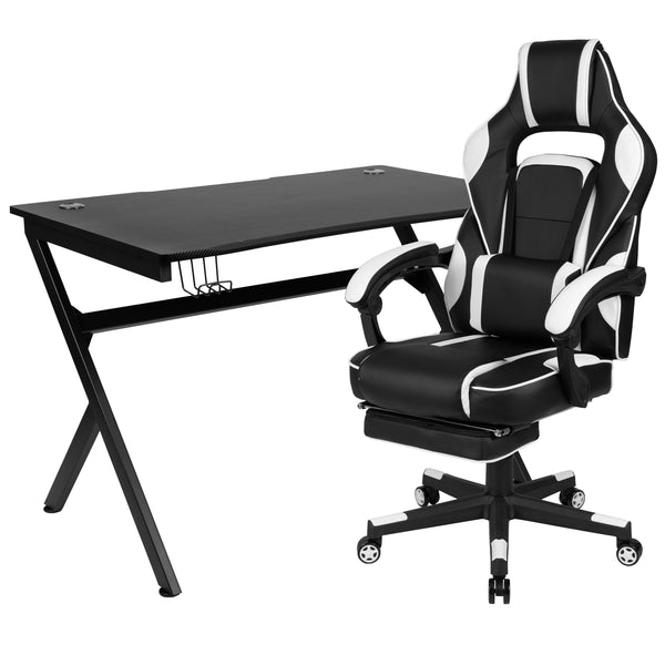 White |#| Black/White Gaming Desk Set - Cup/Headset Holder/Reclining & Footrest