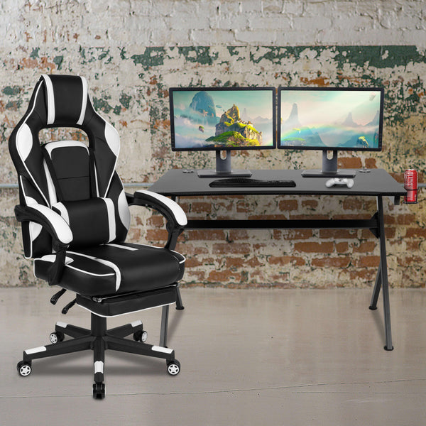 White |#| Black/White Gaming Desk Set - Cup/Headset Holder/Reclining & Footrest