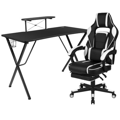 Gaming Desk with Cup Holder/Headphone Hook/Monitor Stand & Reclining Back/Arms Gaming Chair with Footrest