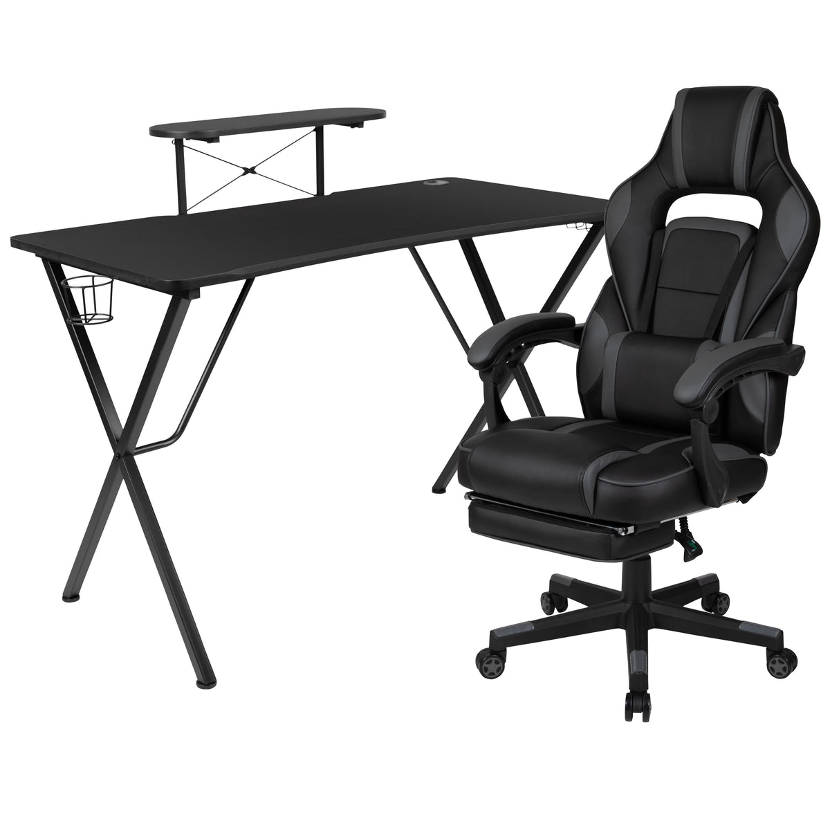 Black |#| Gaming Bundle-Cup/Headphone Desk & Black Reclining Footrest Chair