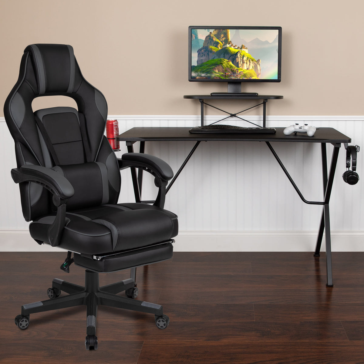 Black |#| Gaming Bundle-Cup/Headphone Desk & Black Reclining Footrest Chair