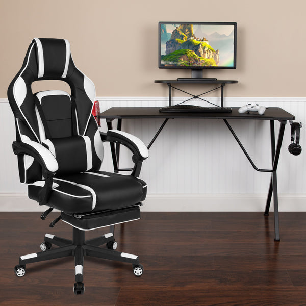 White |#| Gaming Bundle-Cup/Headphone Desk & White Reclining Footrest Chair