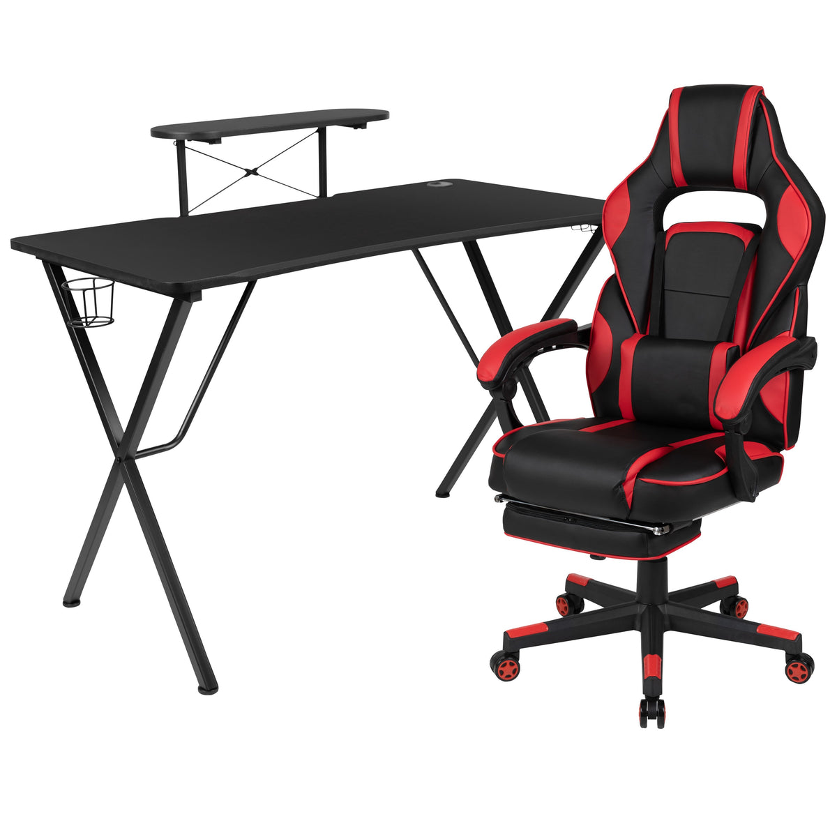 Red |#| Gaming Bundle-Cup/Headphone Desk & Red Reclining Footrest Chair