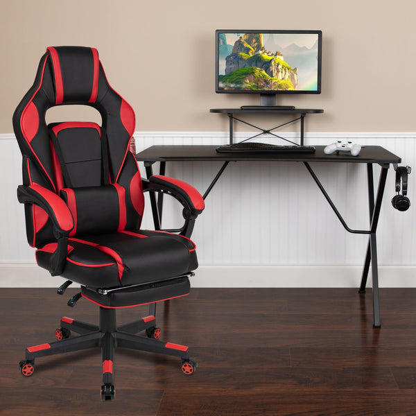 Red |#| Gaming Bundle-Cup/Headphone Desk & Red Reclining Footrest Chair