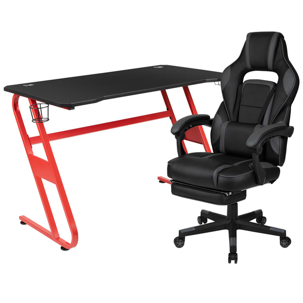 Black |#| Gaming Bundle-Cup/Headphone Desk & Black Reclining Footrest Chair