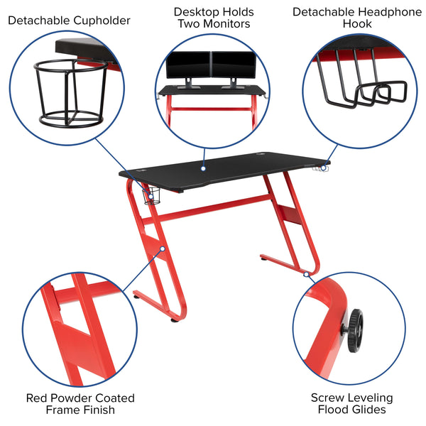 Red |#| Gaming Bundle-Cup/Headphone Desk & Red Reclining Footrest Chair