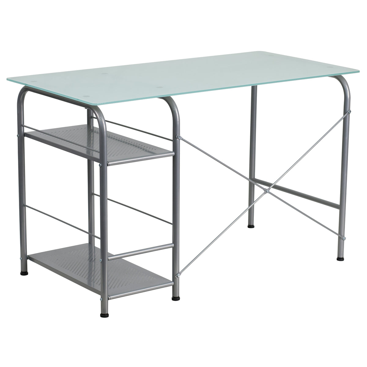 Silk White Glass Top Computer Desk with Open Storage and Silver Metal Frame