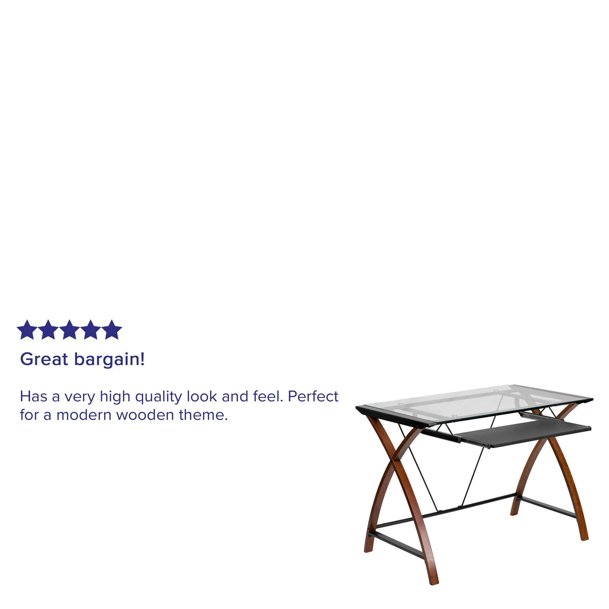 Clear Top/Cherry Frame |#| Glass Computer Desk with Pull-Out Keyboard Tray and Crisscross Frame