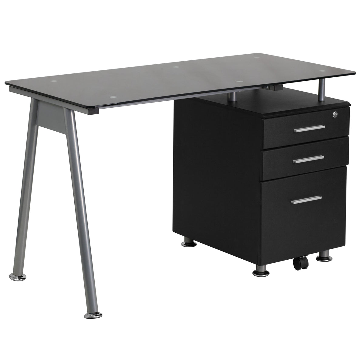 Black Computer Desk with Tempered Black Glass Top and Three Drawer Pedestal
