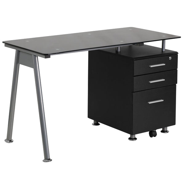 Black Computer Desk with Tempered Black Glass Top and Three Drawer Pedestal
