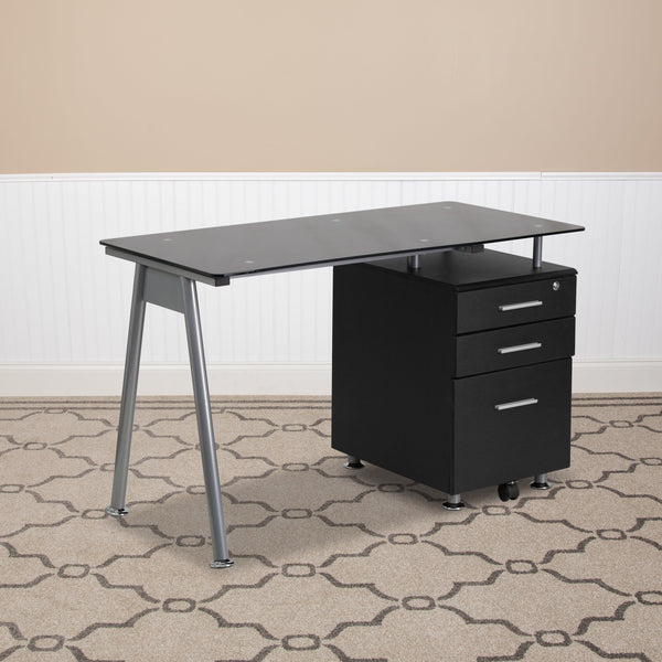 Black Computer Desk with Tempered Black Glass Top and Three Drawer Pedestal