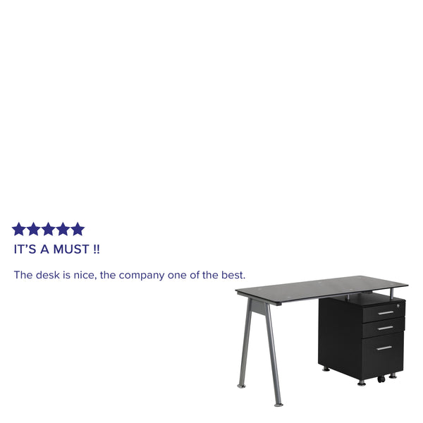 Black Computer Desk with Tempered Black Glass Top and Three Drawer Pedestal