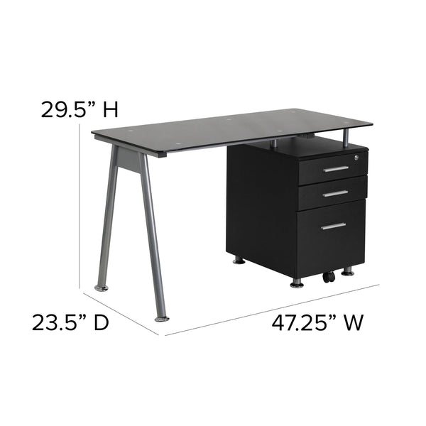 Black Computer Desk with Tempered Black Glass Top and Three Drawer Pedestal