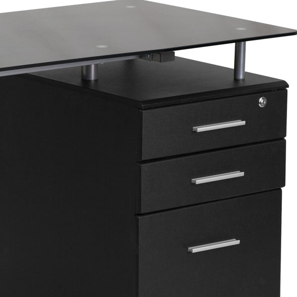Black Computer Desk with Tempered Black Glass Top and Three Drawer Pedestal