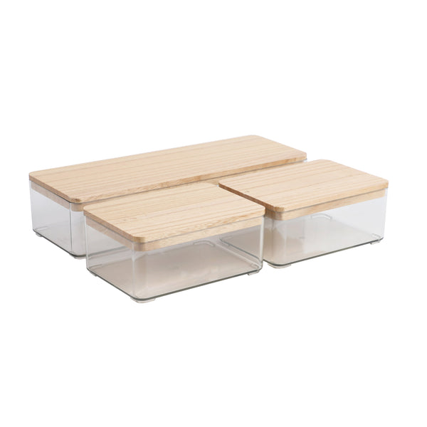 Clear/Light Natural Paulownia Top |#| Premium Clear Plastic Storage Boxes with Lt Natural Paulownia Wood Lids-3 Pack