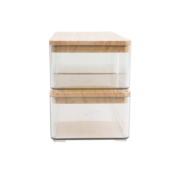 Clear/Light Natural Paulownia Top |#| Premium Clear Plastic Storage Boxes with Lt Natural Paulownia Wood Lids-3 Pack