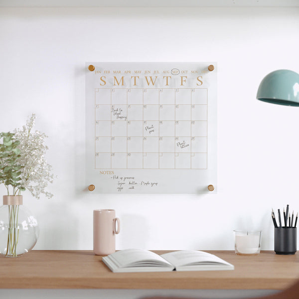 Clear/Gold |#| Premium Clear Acrylic Wall Calendar with Gold Printing and Dry Erase Marker