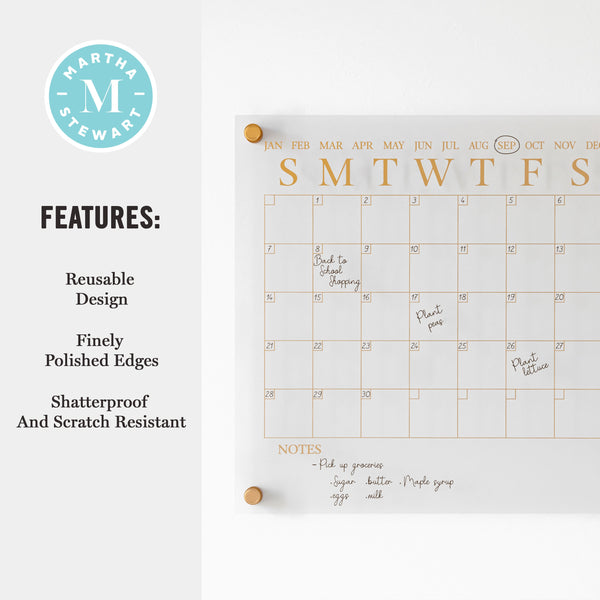 Clear/Gold |#| Premium Clear Acrylic Wall Calendar with Gold Printing and Dry Erase Marker