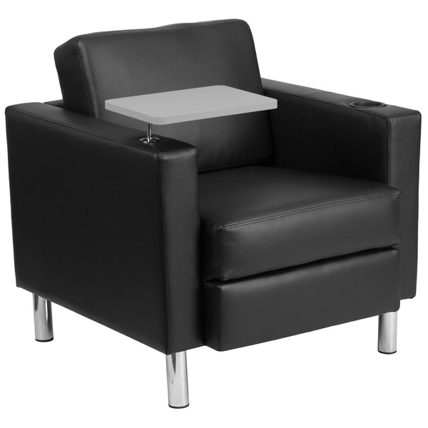 Black LeatherSoft |#| Black LeatherSoft Guest Chair with Tablet Arm, Tall Chrome Legs and Cup Holder