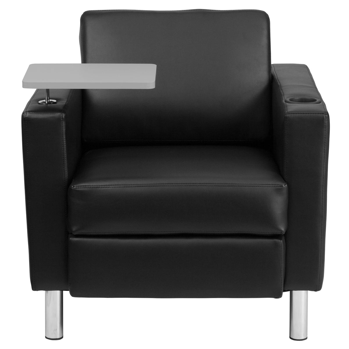 Black LeatherSoft |#| Black LeatherSoft Guest Chair with Tablet Arm, Tall Chrome Legs and Cup Holder