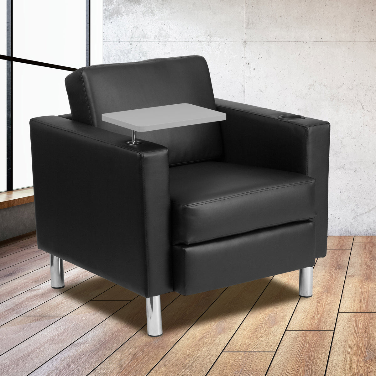 Black LeatherSoft |#| Black LeatherSoft Guest Chair with Tablet Arm, Tall Chrome Legs and Cup Holder